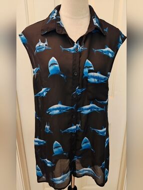 Y2K Forever 21 Sheer Button Down Sleeveless Blouse w Great White Shark Print